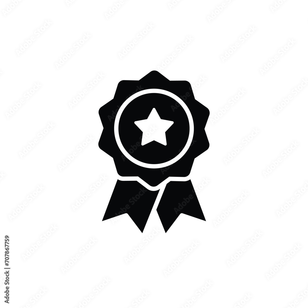 Rosette stamp icon. Simple solid style. Winner medal with star and ribbon, award, first place badge, best quality concept. Black silhouette, glyph symbol. Vector isolated on white background. SVG. Rosette stamp icon. Simple solid style. Winner medal with star and ribbon, award, first place badge, best quality concept. Black silhouette, glyph symbol. Vector isolated on white background. SVG.