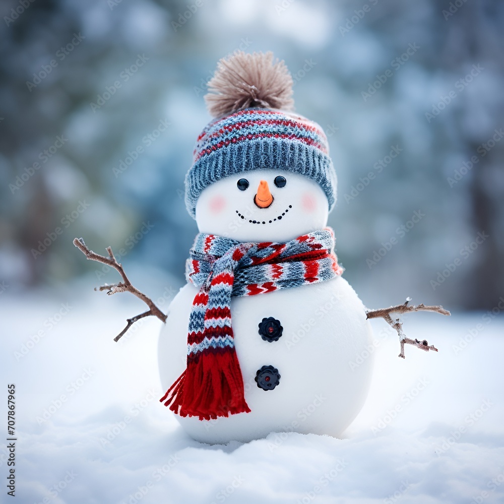 Obraz premium Snowman with hat and scarf