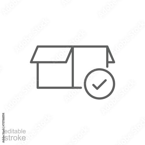 Box check icon. Simple outline style. Receive product, delivery package, open order, cardboard, bulk, unpack box concept. Thin line symbol. Vector isolated on white background. Editable stroke SVG.