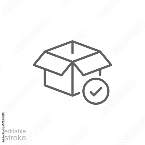 Box check icon. Simple outline style. Receive product, delivery package, open order, cardboard, bulk, unpack box concept. Thin line symbol. Vector isolated on white background. Editable stroke SVG.