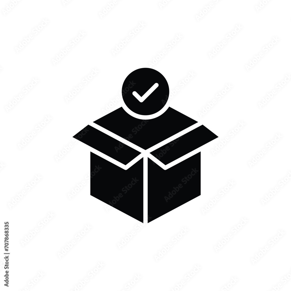 Box check icon. Simple solid style. Receive product, delivery package, open order, cardboard, bulk, unpack box concept. Black silhouette, glyph symbol. Vector isolated on white background. SVG. Box check icon. Simple solid style. Receive product, delivery package, open order, cardboard, bulk, unpack box concept. Black silhouette, glyph symbol. Vector isolated on white background. SVG.