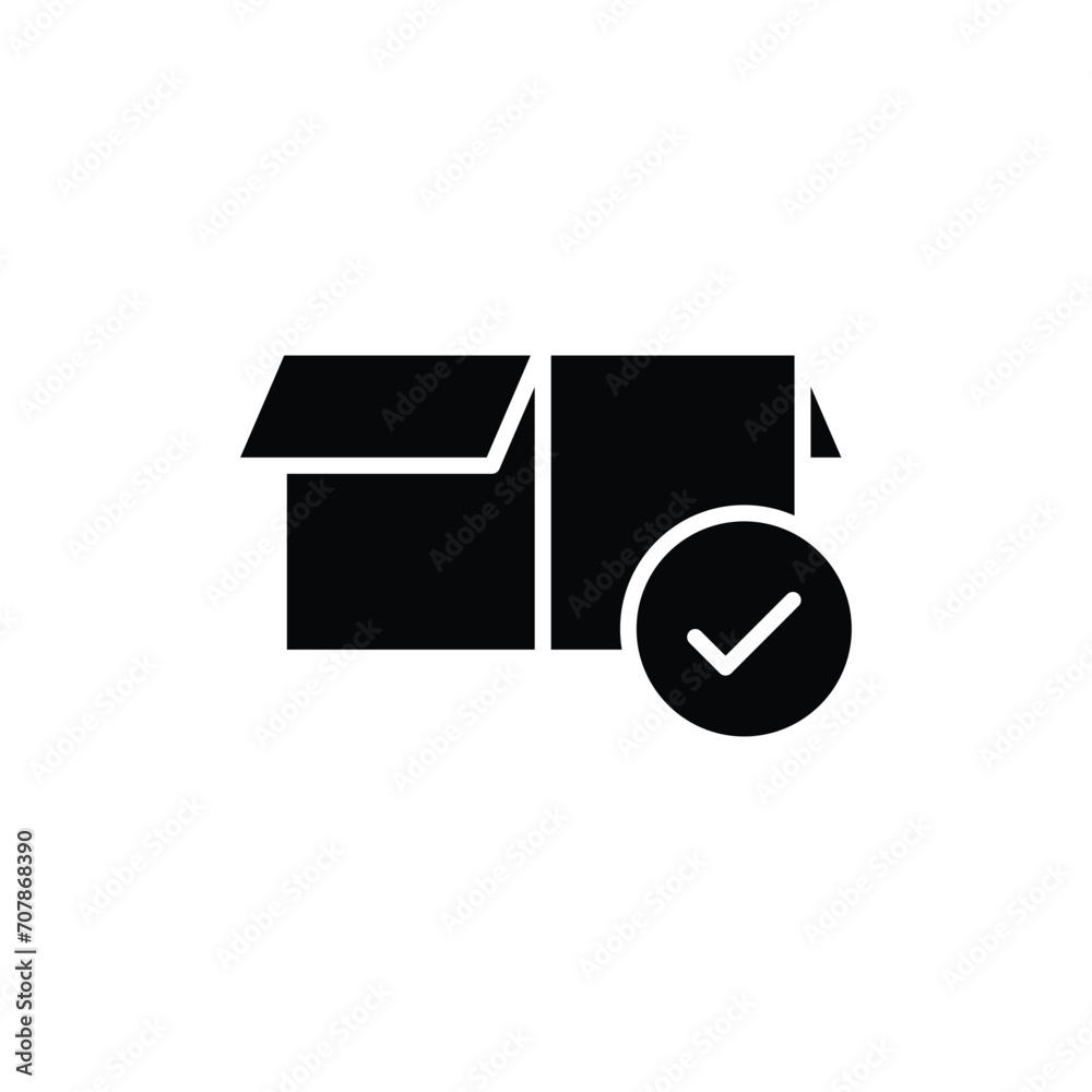 Box check icon. Simple solid style. Receive product, delivery package, open order, cardboard, bulk, unpack box concept. Black silhouette, glyph symbol. Vector isolated on white background. SVG. Box check icon. Simple solid style. Receive product, delivery package, open order, cardboard, bulk, unpack box concept. Black silhouette, glyph symbol. Vector isolated on white background. SVG.