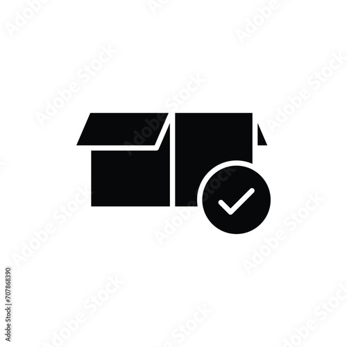 Box check icon. Simple solid style. Receive product, delivery package, open order, cardboard, bulk, unpack box concept. Black silhouette, glyph symbol. Vector isolated on white background. SVG.