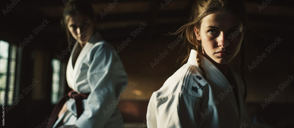 Two female judo practitioners train together in the gym. Two female judo practitioners train together in the gym.