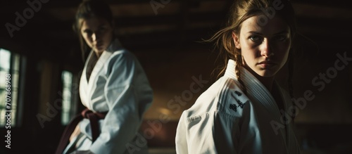 Two female judo practitioners train together in the gym.