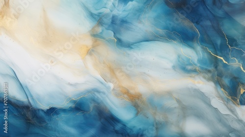 contemporary abstract fluid art with swirling blue patterns and golden highlights. versatile image for home decor, fashion design, and artistic presentations