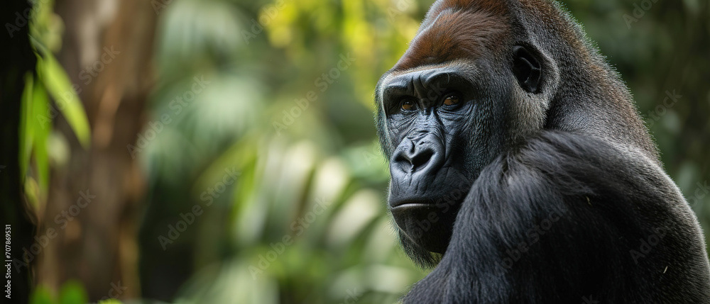 Obraz premium a gorilla in jungle landscape wallpaper, wildlife photo, with empty copy space 