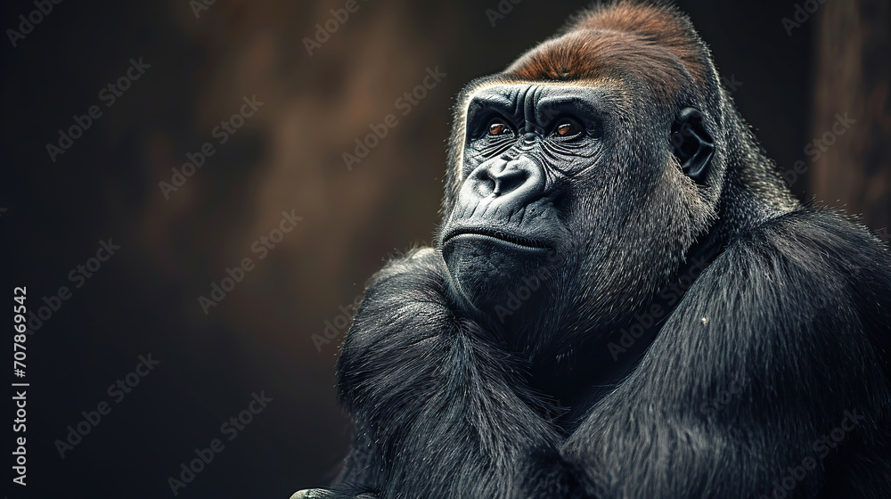 	
a gorilla in jungle landscape wallpaper, wildlife photo, with empty copy space	
