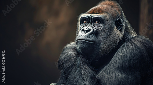  a gorilla in jungle landscape wallpaper, wildlife photo, with empty copy space 