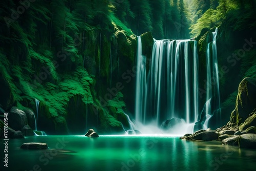 A mesmerizing view of waterfalls dancing through layers of vibrant  emerald-hued mountainous landscapes.