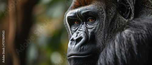   a gorilla in jungle landscape wallpaper, wildlife photo, with empty copy space   © Uwe