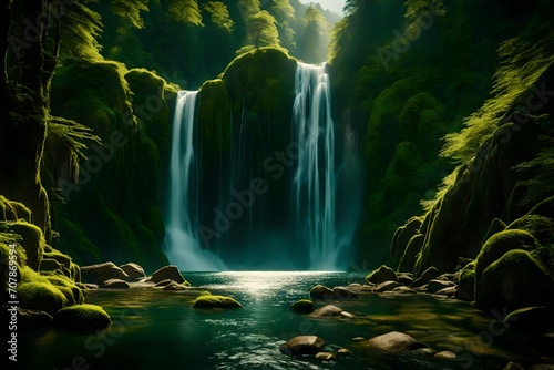 Sunlit streams converging into a majestic waterfall amidst a backdrop of dense  mossy green mountain ranges.