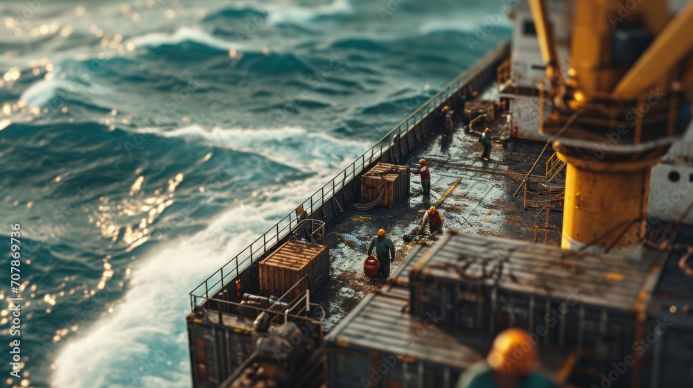 Close-up of workers loading containers, realistic details, ship's deck, vast ocean backdrop, photorealistic depiction Generative AI