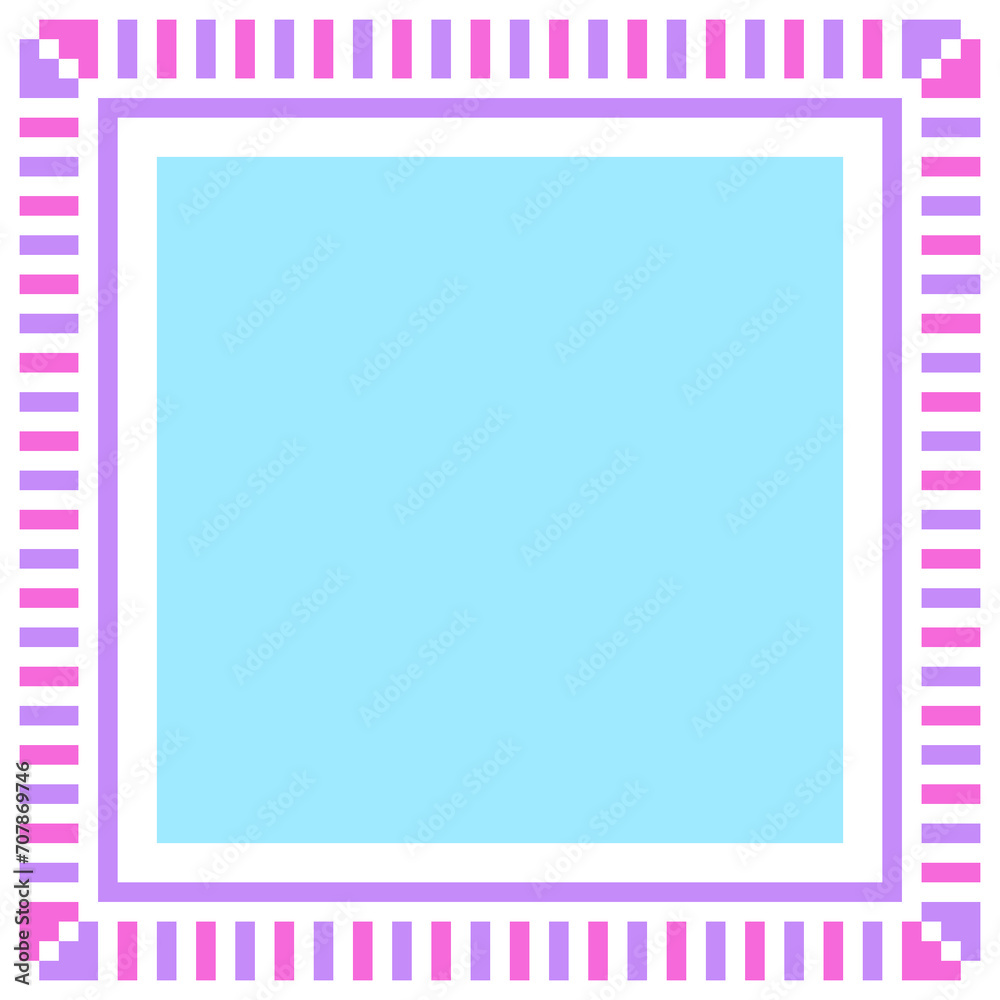 Light blue square background with purple and pink striped border
