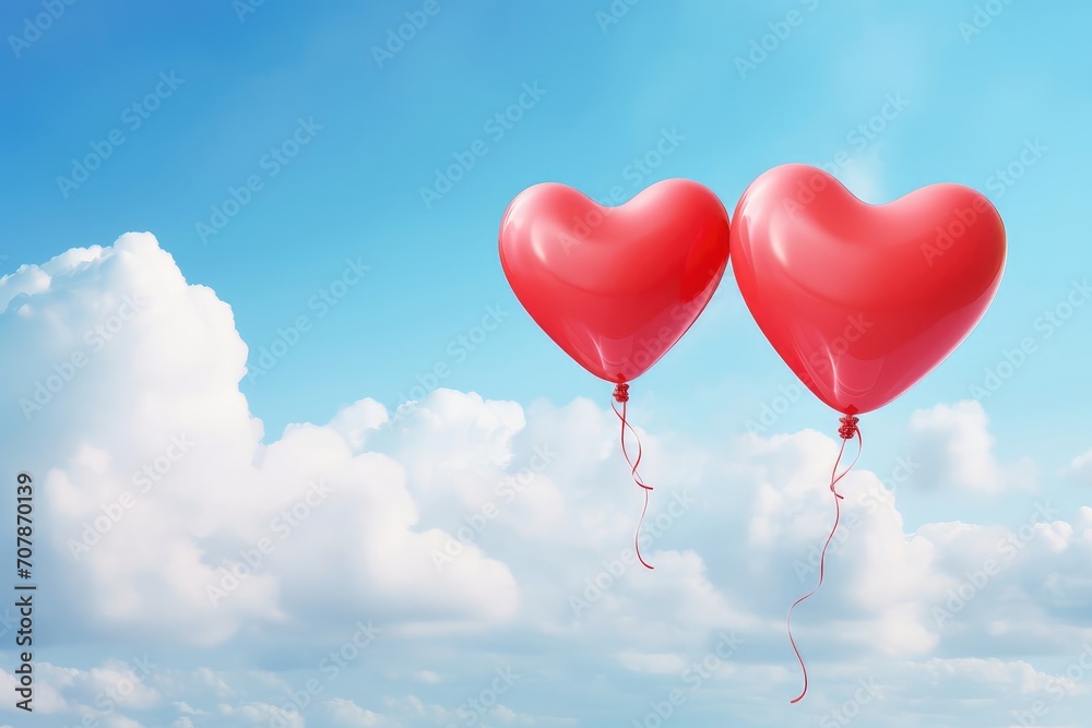 Two red balloons in the shape of a heart in the sky among white clouds. A place for the text.