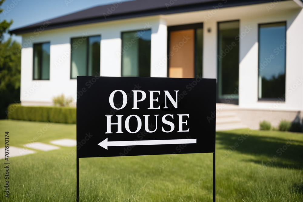Fototapeta premium Open House sign on black board near the resedential building. Property Real estate concept.