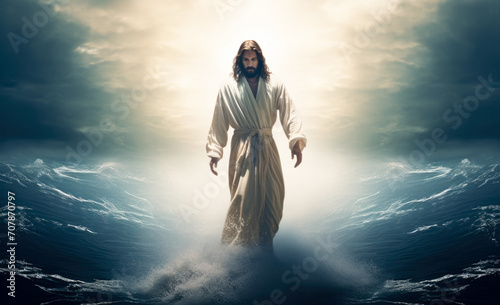 Depicting a profound moment, the image of Jesus defying nature by walking on water