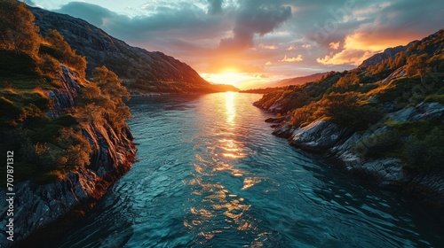 Coastal panorama, drone's eye view, sun dipping, tranquil fjord waters, realistic sunset scene in Norwegian fjords Generative AI