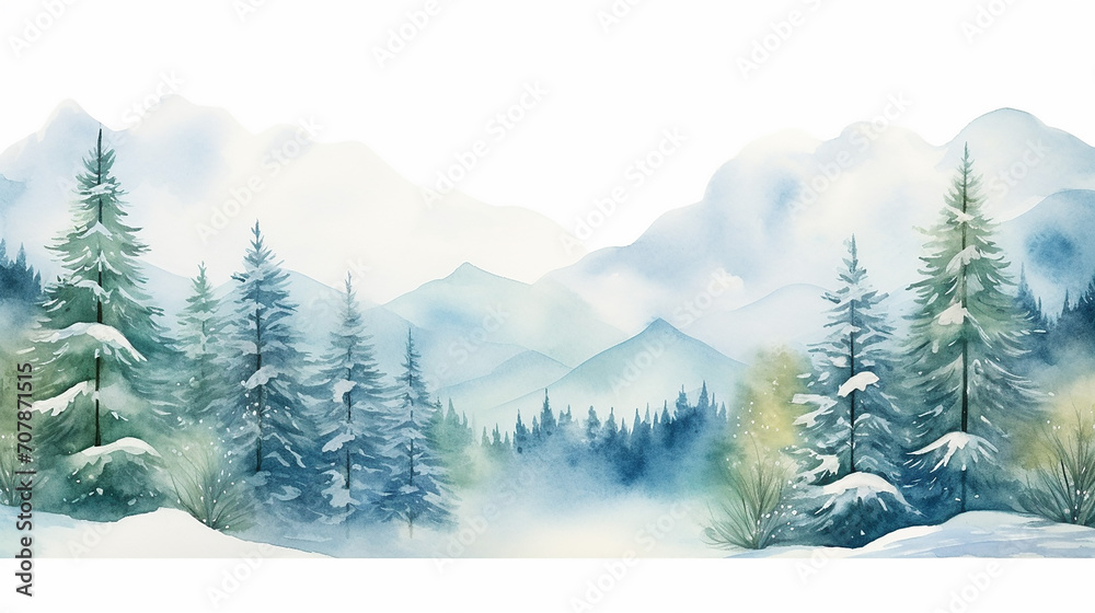 wedding watercolor with frozen landscape scene of mountain on white background