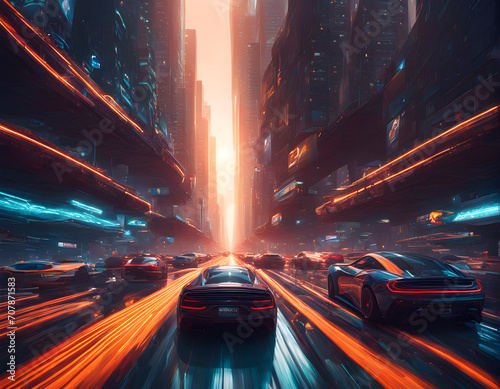 traffic at night, a street full of fast cars, futuristic environment