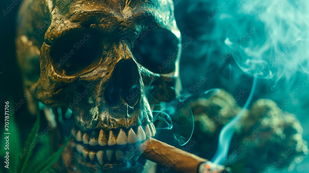 Skull smoking a cigar in front of cannabis plants, cannabis background, green marijuana background. - obrazy, fototapety, plakaty 