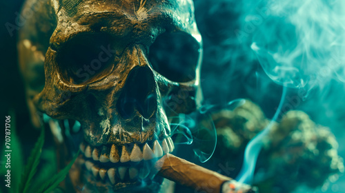 Skull smoking a cigar in front of cannabis plants, cannabis background, green marijuana background. photo