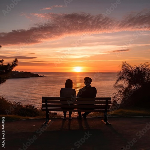 Couple in love sitting on a park bench at sunset