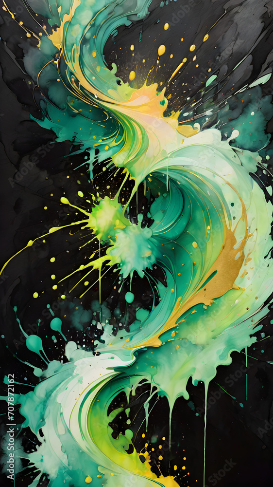 Abstract watercolor paint background illustration web design - Soft green gradient pastel color waves and gold lines, with liquid fluid marbled black paper texture banner texture on black blackguard Abstract watercolor paint background illustration web design - Soft green gradient pastel color waves and gold lines, with liquid fluid marbled black paper texture banner texture on black blackguard