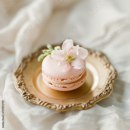 Pastel Macaroon on Gold Vintage Plate with flower. Wedding Menu and Decoration. Bridal social media banner with copy space. Glamorous cake shop.