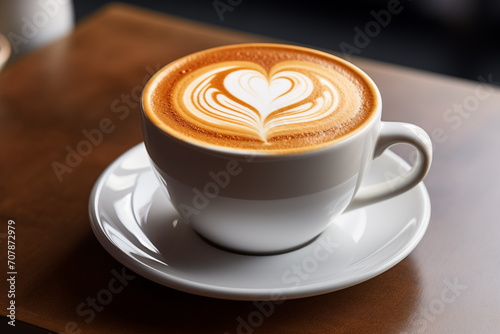 Close up heart shape latte art on wood table cappuccino art  Generated AI