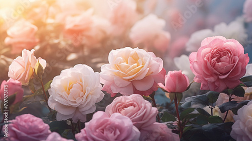 Beautiful roses in light colors. Selective Focus. Generative AI 
