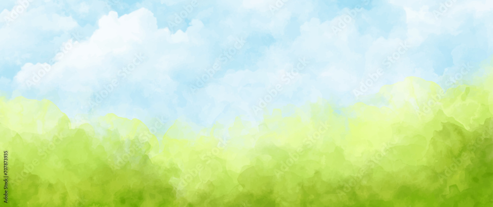 Abstract summer landscape vector watercolor background with blue sky, white clouds and green field. Watercolor illustration for interior, flyers, poster, cover, banner. Modern hand draw painting.