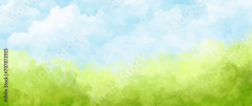 Abstract summer landscape vector watercolor background with blue sky, white clouds and green field. Watercolor illustration for interior, flyers, poster, cover, banner. Modern hand draw painting. photo