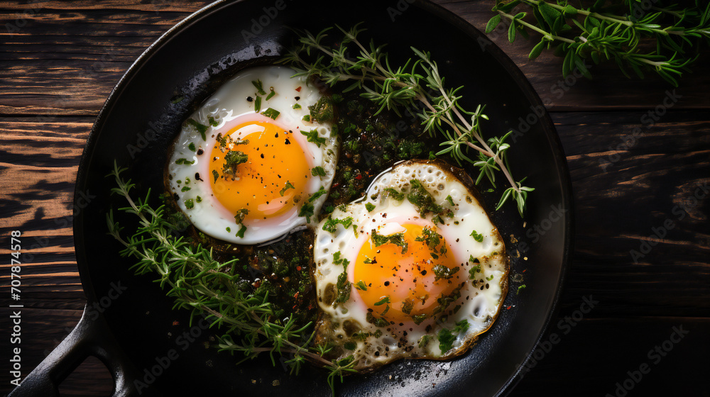 cooked fried eggs with seasoning and herbs on a black frying pan on a wooden table, dark and moody rustic atmosphere. Top view flat lay cooked fried eggs with seasoning and herbs on a black frying pan on a wooden table, dark and moody rustic atmosphere. Top view flat lay