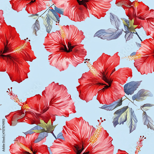 Seamless pattern with watercolor hibiscus flowers.