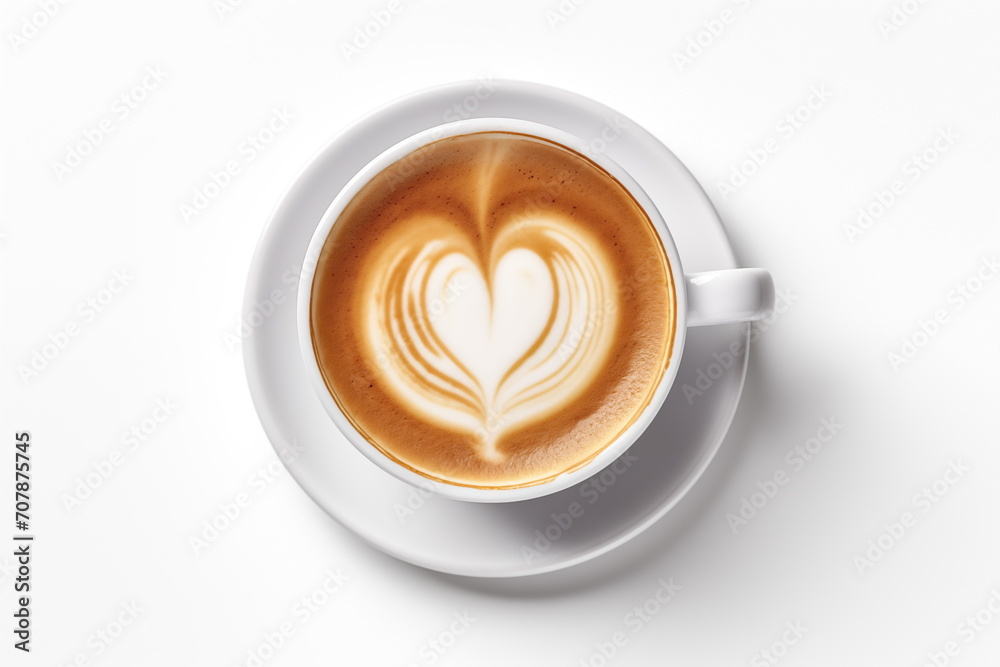 Close up heart shape latte art, ,cappuccino art, isolated on white background, Generated AI