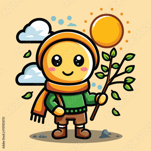 Kurcaci kartun lucu dengan pohon dan matahari. Ilustrasi vektor.