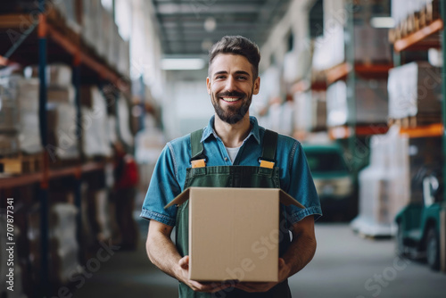 smiling male warehouse worker with cardboard box in hands in warehouse