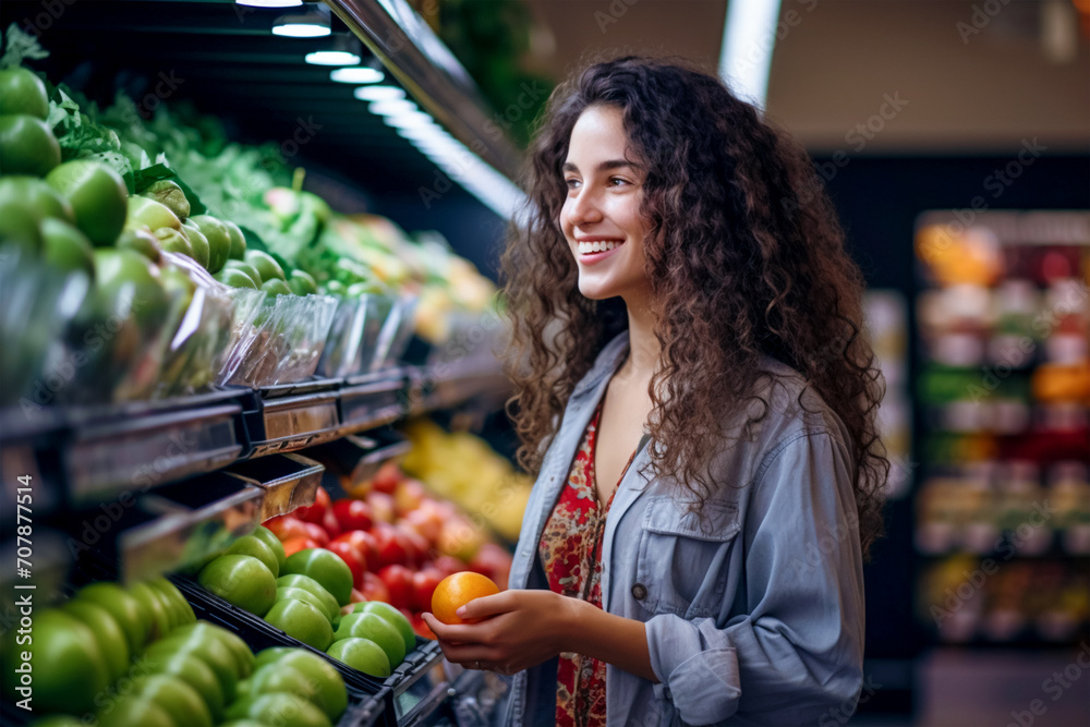 A beautiful young woman in a good mood makes a purchase at a large grocery store or supermarket. A selection of healthy and delicious foods.