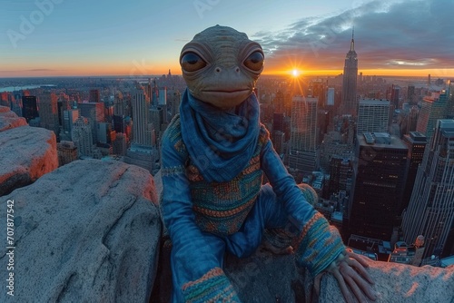 Funny alien wearing blue jeans kaftan dress coat, new York city cityscape background photo