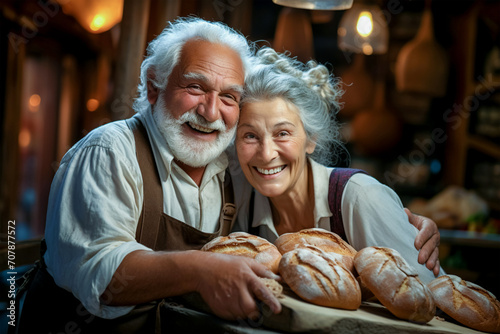 Fotomurale An elderly gray-haired couple men and women owners of a home bakery in a good mo