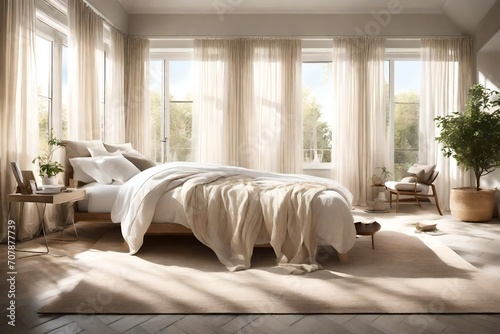 A sunlit bedroom with large windows, sheer curtains, and a neutral color palette that enhances the natural light for a bright and airy feel. photo