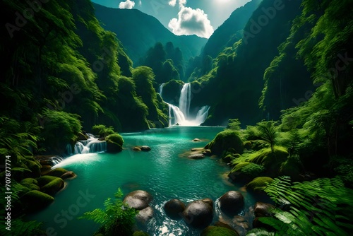 A picturesque scene capturing the natural harmony of cascading waterfalls amidst lush, verdant mountain ranges.