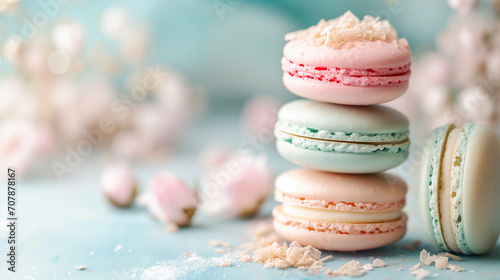 Almond  French Macaroon on top of each other on a pale blue background. with pink roses.  Abstract background with macaron & flower with copy space. photo