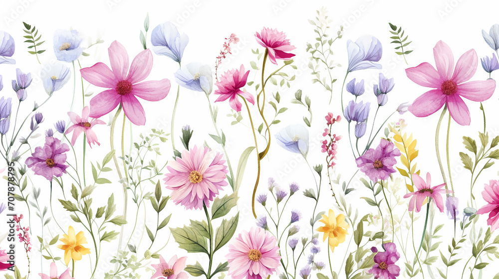 beautiful delicate flower garden watercolor seamless pattern on white background