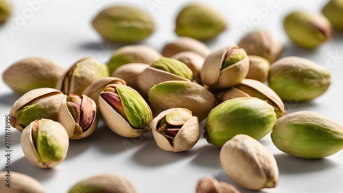 heap of pistachios on a white isolated background, top view