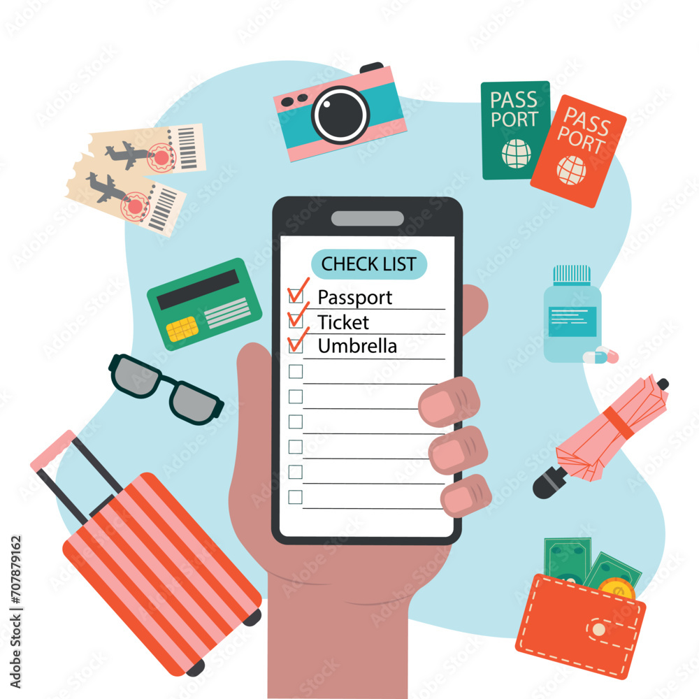 Travel packing list. Hand with phone and online travel list. Concept of packing things for vacation. Vector illustration for banner, card, poster. Travel packing list. Hand with phone and online travel list. Concept of packing things for vacation. Vector illustration for banner, card, poster.