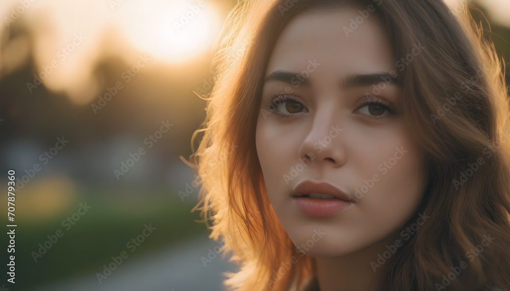 Young beautiful pretty woman rose lips posing outdoors at winter looking at you during the sunset.