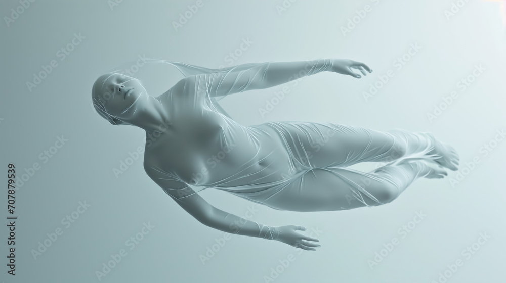Human body lying down, floating, pure white, minimalist style, generative ai Human body lying down, floating, pure white, minimalist style, generative ai