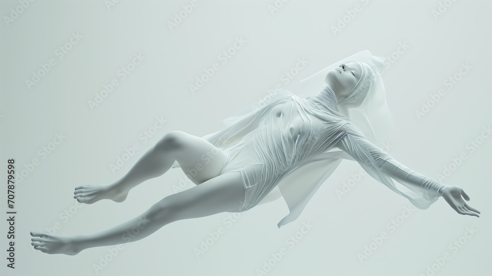 Human body lying down, floating, pure white, minimalist style, generative ai Human body lying down, floating, pure white, minimalist style, generative ai